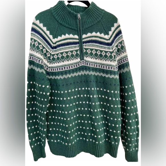 J Crew Mercantile Sweater Mens Medium Lambs Wool Blend 1/4 Zip Green Mock Neck - Picture 2 of 7